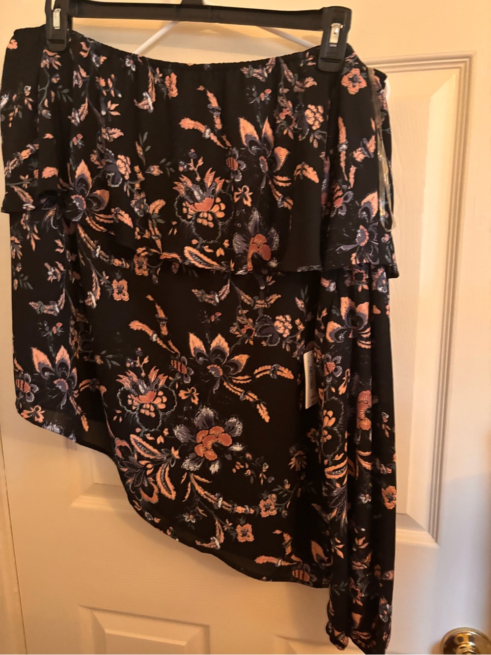 belle sky Black Floral Asymmetrical Ruffle Skirt with Peach Accents